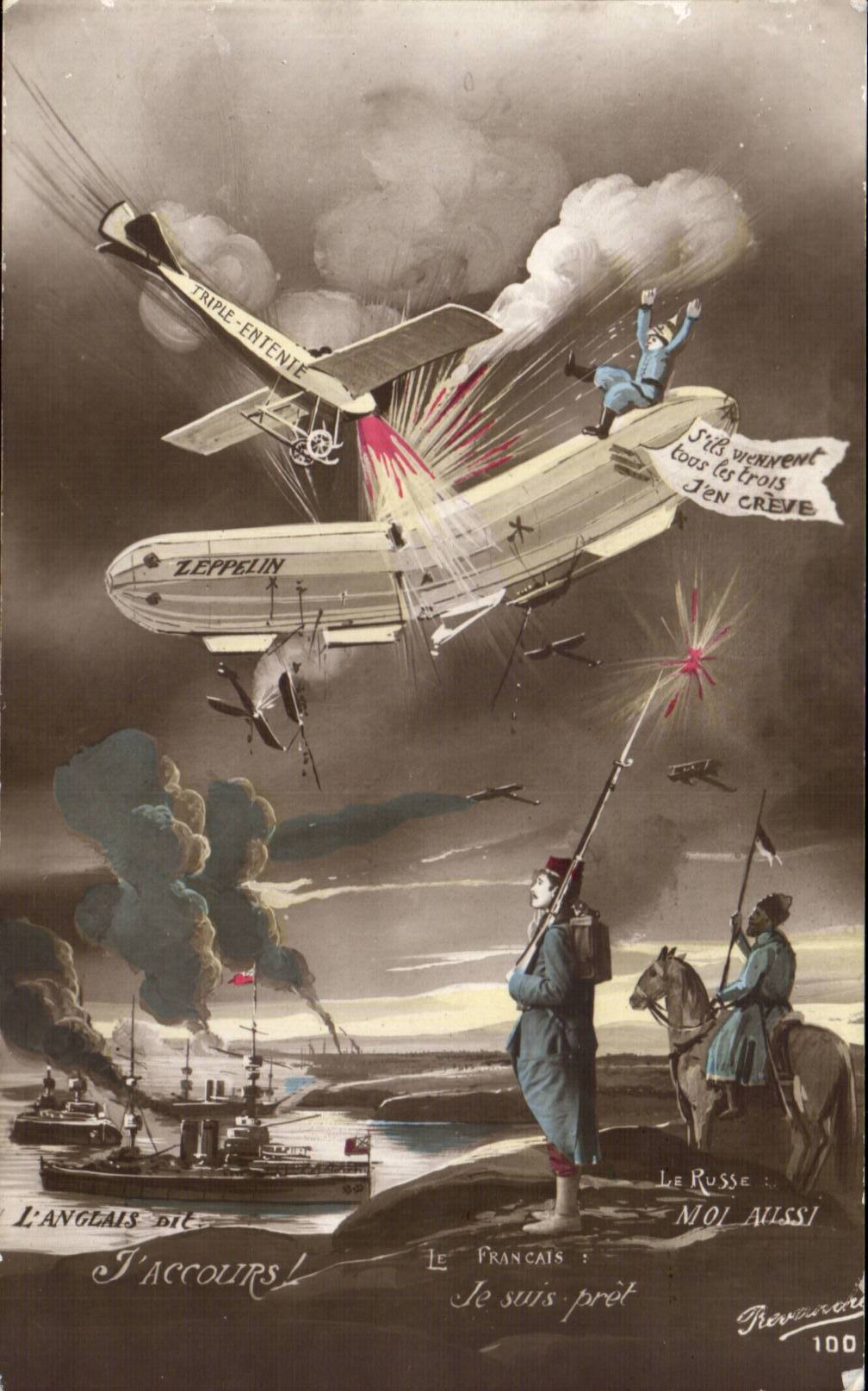 CPA Militaria TRiple entente Avion attaquant un zeppelin