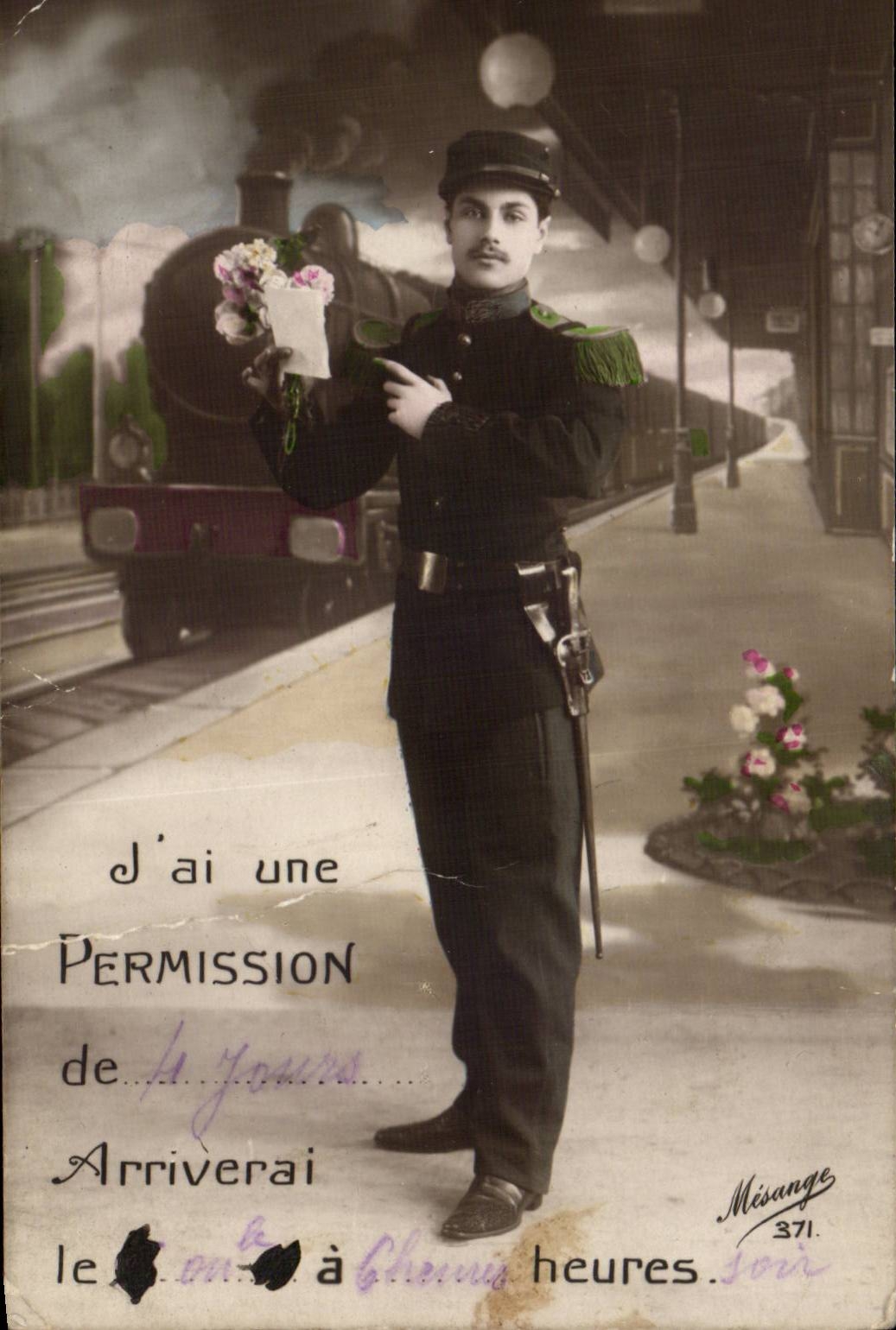 CPA Militaria J'ai une permission (soldat train)