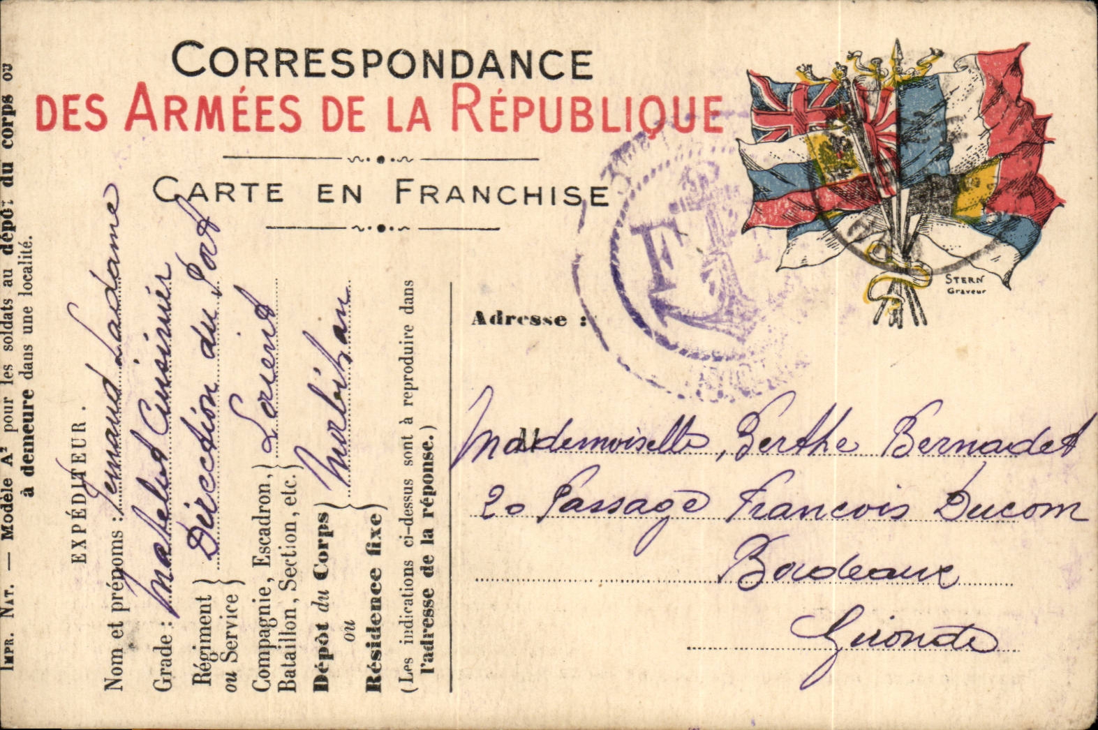 CArte de Franchise militaire Bernadet Passage Ducon Bordeaux