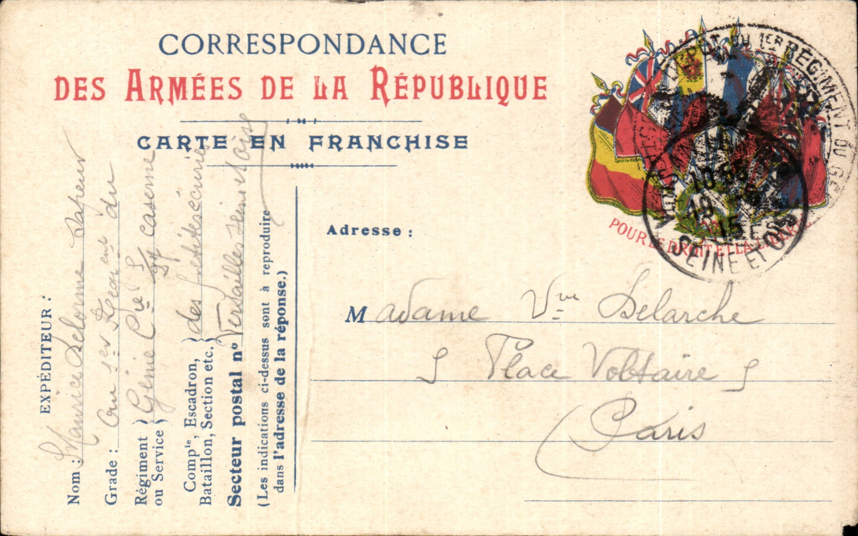 CArte de Franchise militaire Delarche Place Voltaire a Paris 