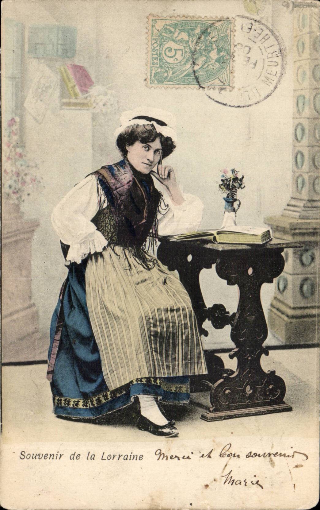 CPA Souvenir de la Lorraine (folklore coiffe costume)