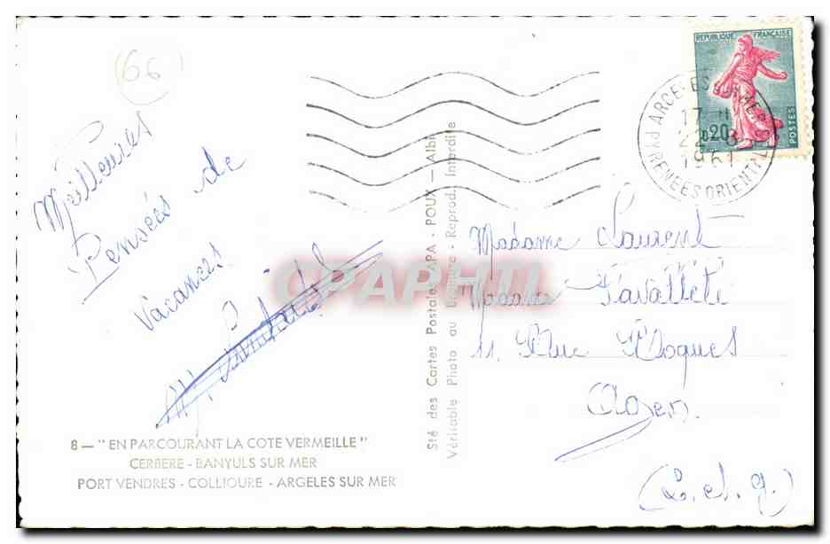 Cote Vermeille - Souvenir - Lion - Ancre CPA  — Rückseite