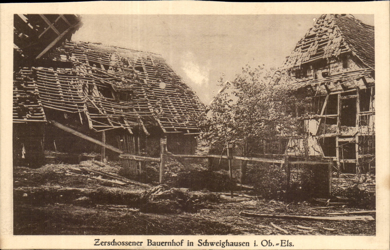Zerschossener Bauernhof in Schweighausen i. Ob.-Els. — carte de mémoire de guerre — éditeur A. Dreifus, n° 2776