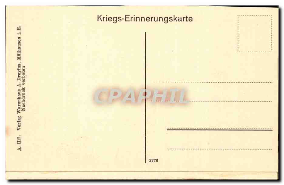 Zerschossener Bauernhof in Schweighausen i. Ob.-Els. — carte de mémoire de guerre — éditeur A. Dreifus, n° 2776 — Verso