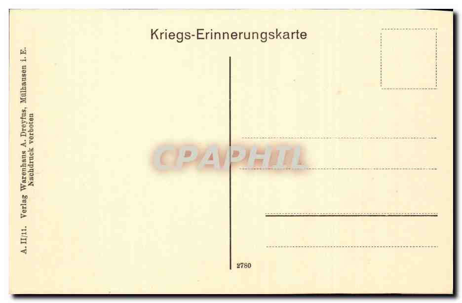 Armierungsstruppen beim Ausmarsch — Kriegserinnerungskarte — Verlag Warenhaus A. Dreyfus, Mülhausen — Achterkant