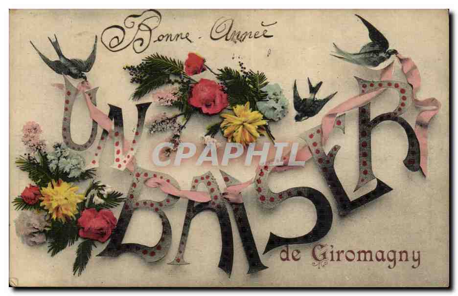 Giromagny - Un Baiser - Souvenir - fleurs CPA 
