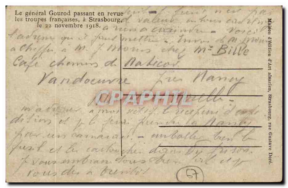 Le général Gouraud passant en revue les troupes françaises à Strasbourg — 22 novembre 1918 — Maison d'édition DART alsacien, Strasbourg, rue Gustave Doré — Achterkant