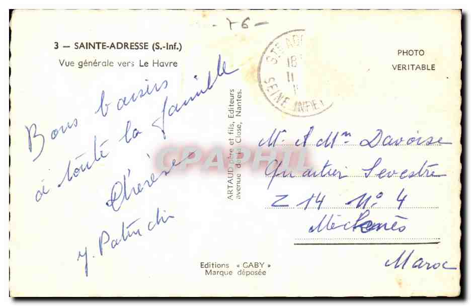 Sainte Adresse - Vue Generale vers le Havre CPA  — Rückseite