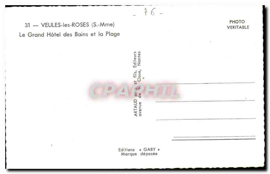 Veules les Roses - Le Grand Hotel des bains et la Plage - CPA  — Rückseite