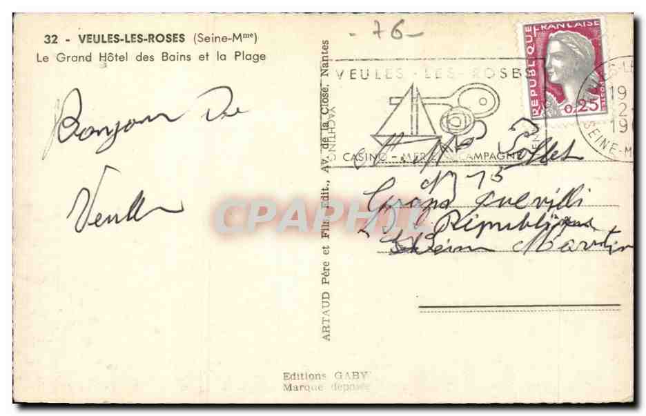 Veules les Roses - Le Grand Hotel des bains et la Plage - CPA  — Rückseite