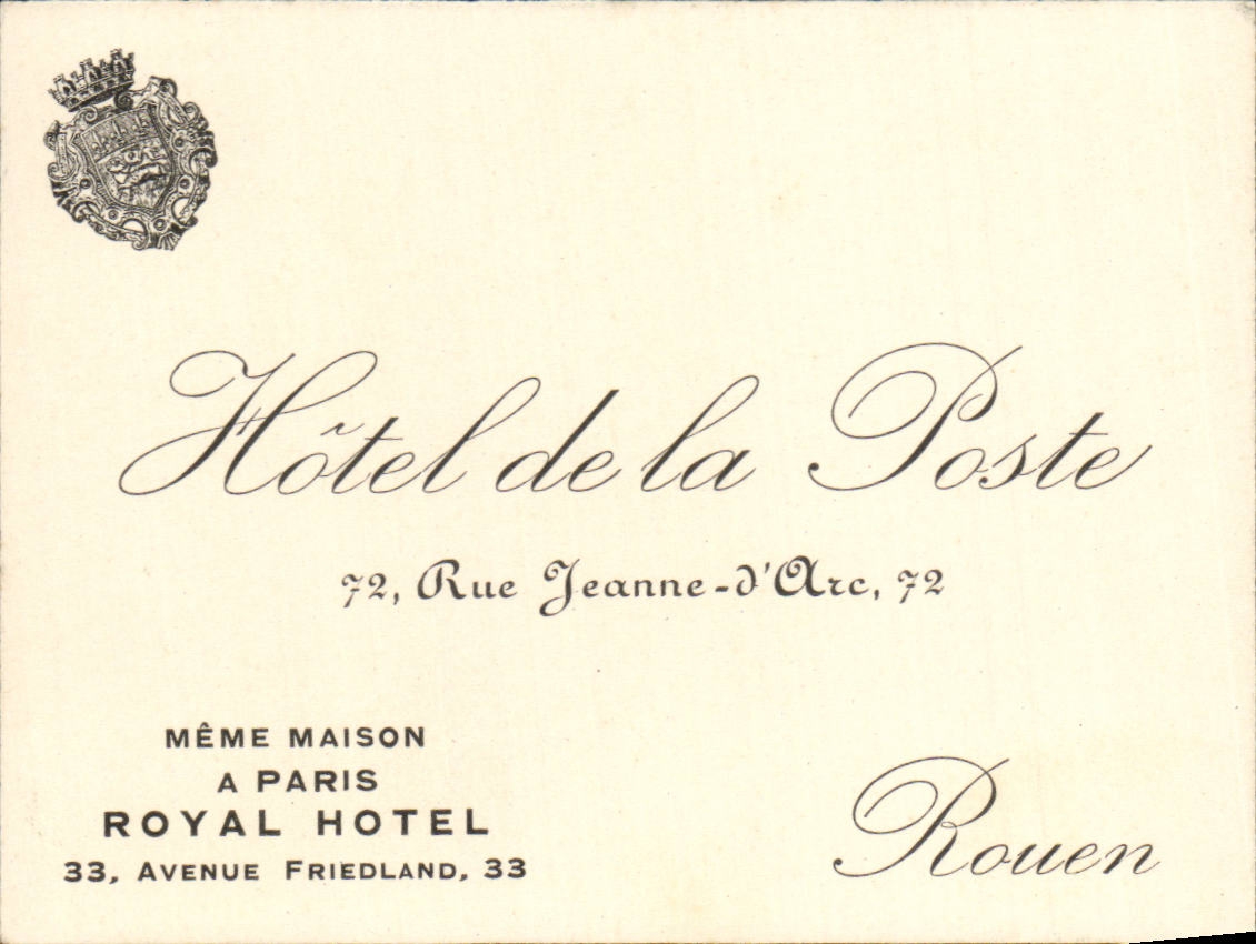 Rouen - Hotel de la Poste - 72 Rue Jeanne d'Arc - Carte de visite 
