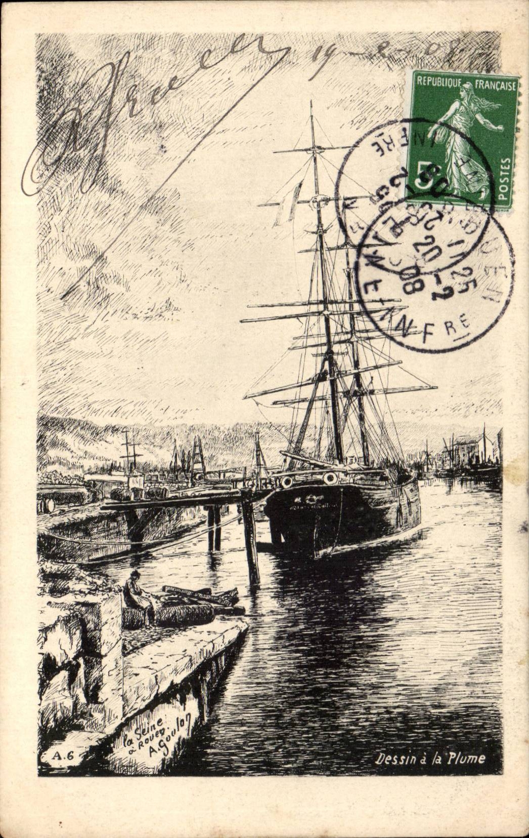 Rouen - La Seine a Rouen - Dessin a la Plume - CPA 