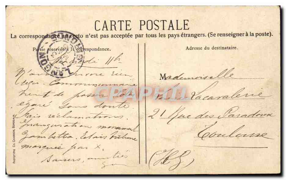 Bordeaux CPA Inauguration du monument Gambetta Le detachement des marins du Leon Gambetta — Verso