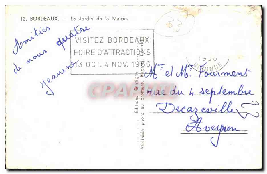 CPSM Bordeaux Le jardin de la mairie — Verso