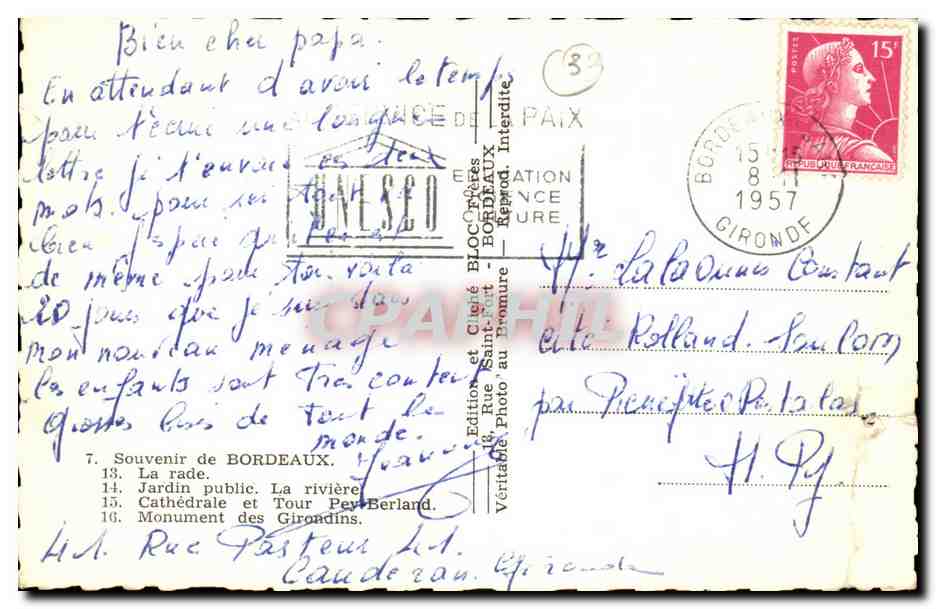 Bordeaux CPA Monument des Girondins Le port La Tour Pey Berland  — Verso