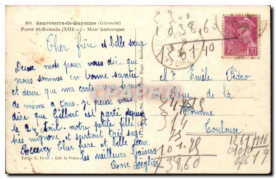 Porte St-Romain (XIIIe s.) — Sauveterre-de-Guyenne — Édition A. Fernel — Verso