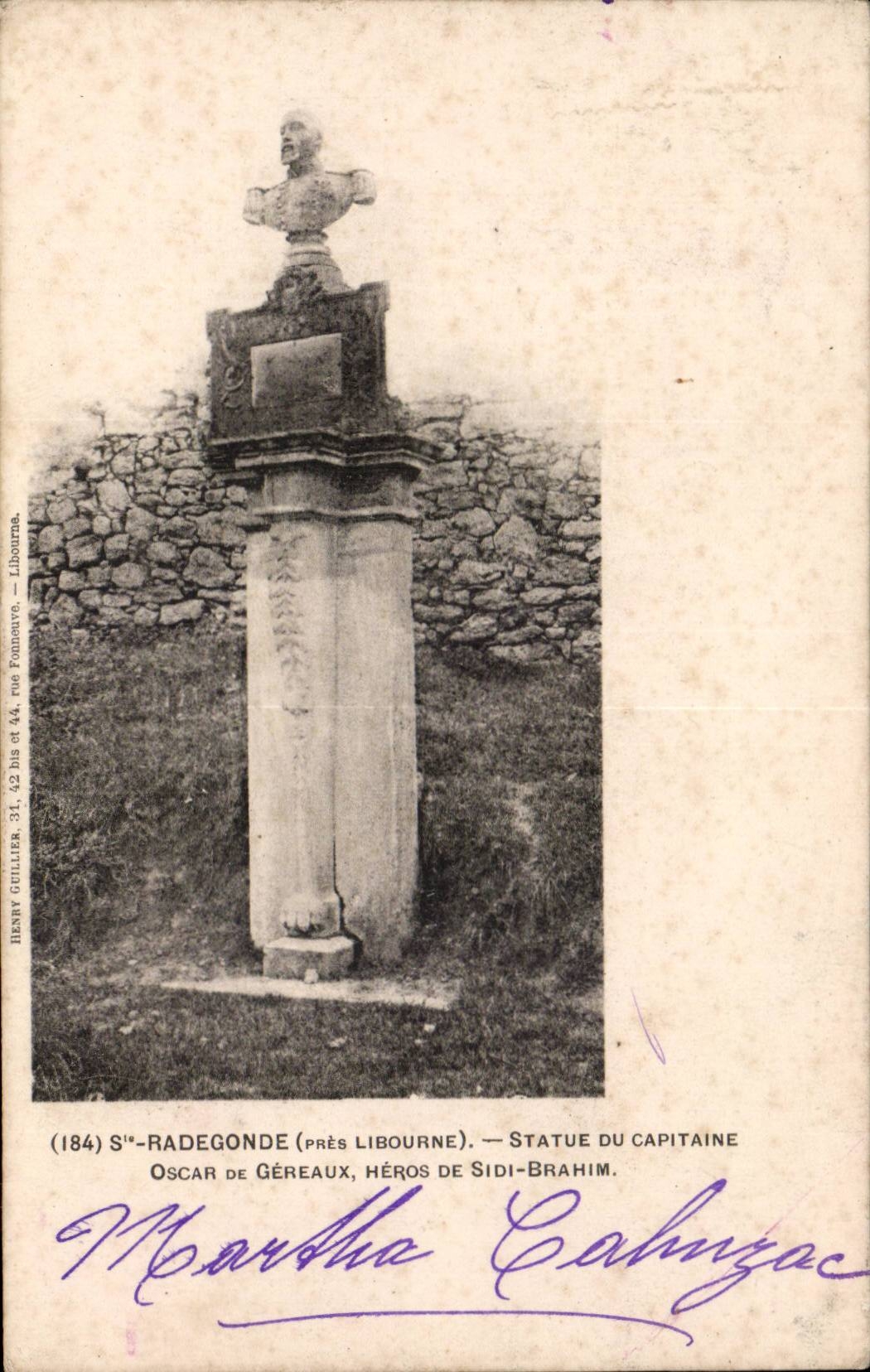 S'-RADEGONDE (bei Libourne) — Statue des Kapitans Oscar de Géreaux, Held von Sidi-Brahim — Henry Guillier, Nr. 184
