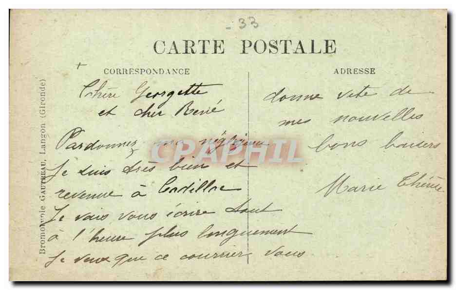 Cadillac-sur-Garonne (Gironde) — Asile d'Aliénés - Grande Allée — Collection veuve Bartholome — Verso