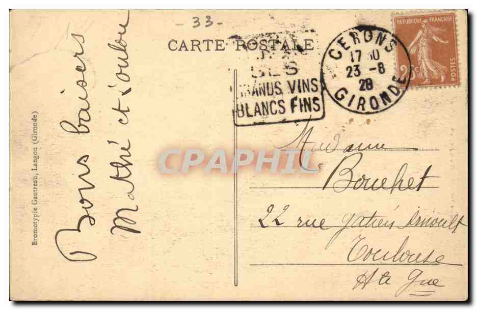 Cadillac-sur-Garonne (Gironde) — Alter Schlossbau des 16. Jahrhunderts, heute Schule für junge Mädchen — Verlag Bartholome, Nr. 2374 — Rückseite