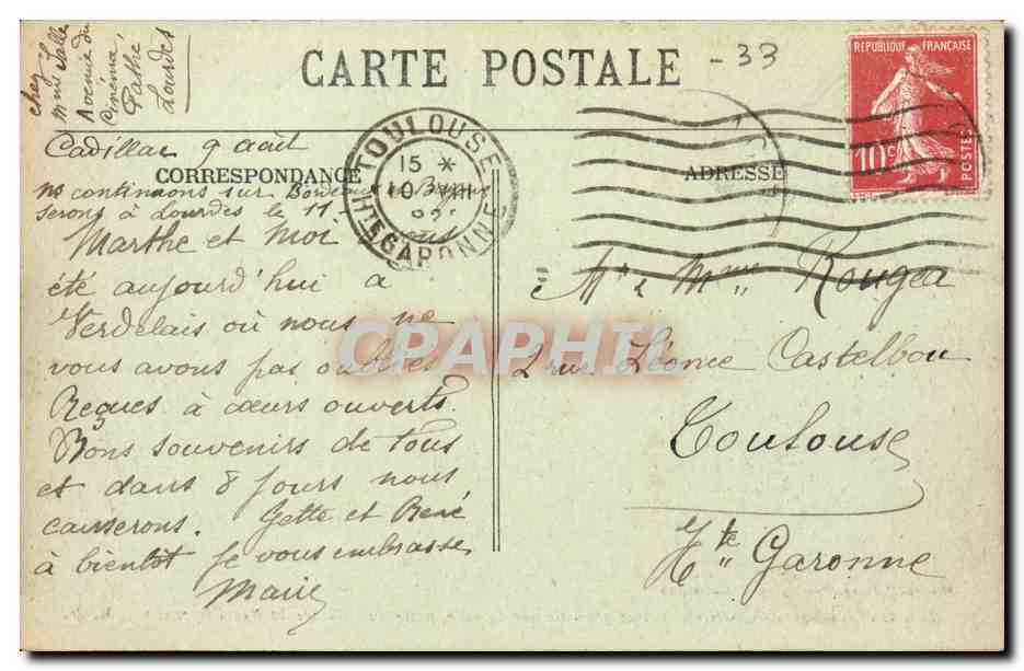 Cadillac-sur-Garonne — Vue générale sur la ville, prise du Château du Duc d'Épernon — Marcel Delbog, Phototypie, Bordeaux — Verso