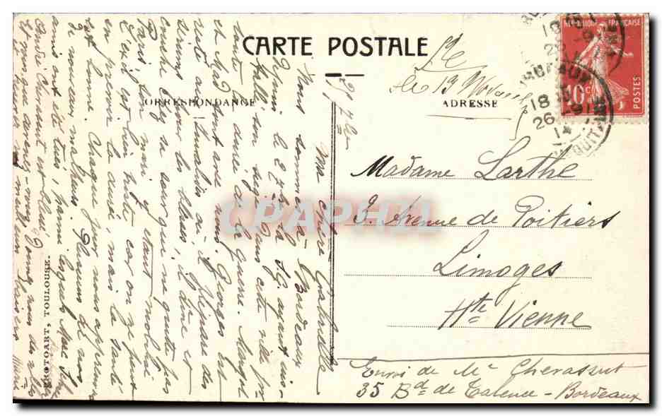 Bordeaux CPA Le jardin publique et le pont rustique — Verso