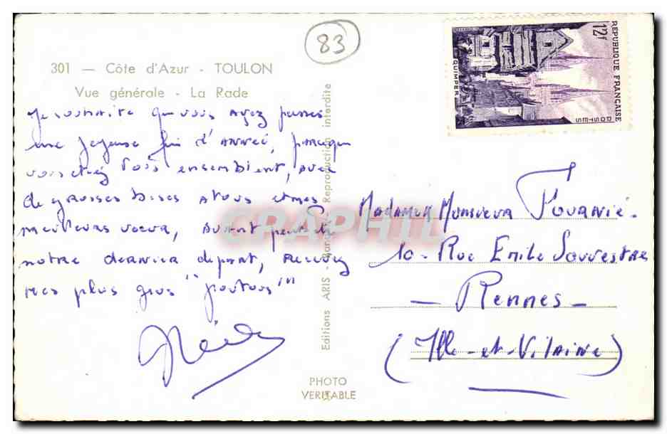 Vue générale - La Rade — Côte d'Azur — Éditions ARIS n°301 — Verso