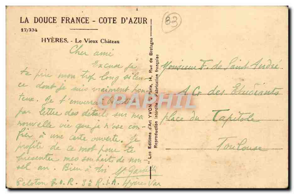 Hyères - Le Vieux Château — Éditions d'Art YVON, n°17/334 — Verso