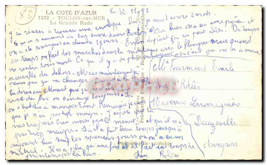 Toulon CPA La grande rade — Verso