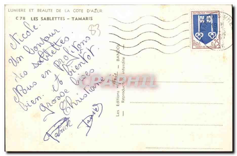 Les Sablettes - Tamaris — Lumière et beauté de la Côte d'Azur — Éditions Bandoy, n° C78 — Reverso