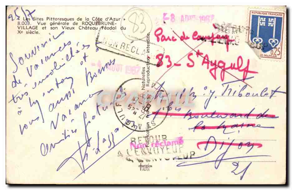 CPA Vue generale de Roquebrune Village et son vieux chateau feodal du 10 eme — Rückseite