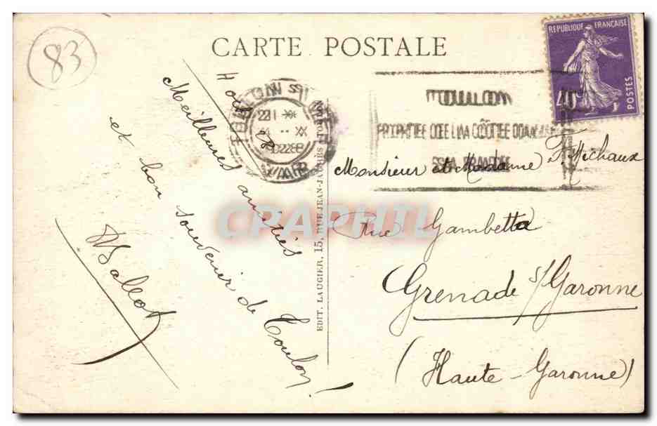 Toulon-sur-Mer — Station de Manteau — Éditeur: Laugier, n°2 — Verso