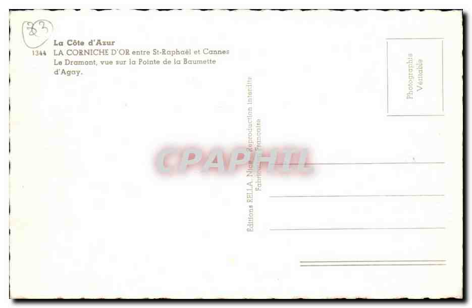 La Corniche d'Or entre St-Raphaël et Cannes — vue sur la Pointe de la Baumette d'Agay — Éditions Rella, n°1344 — Reverso