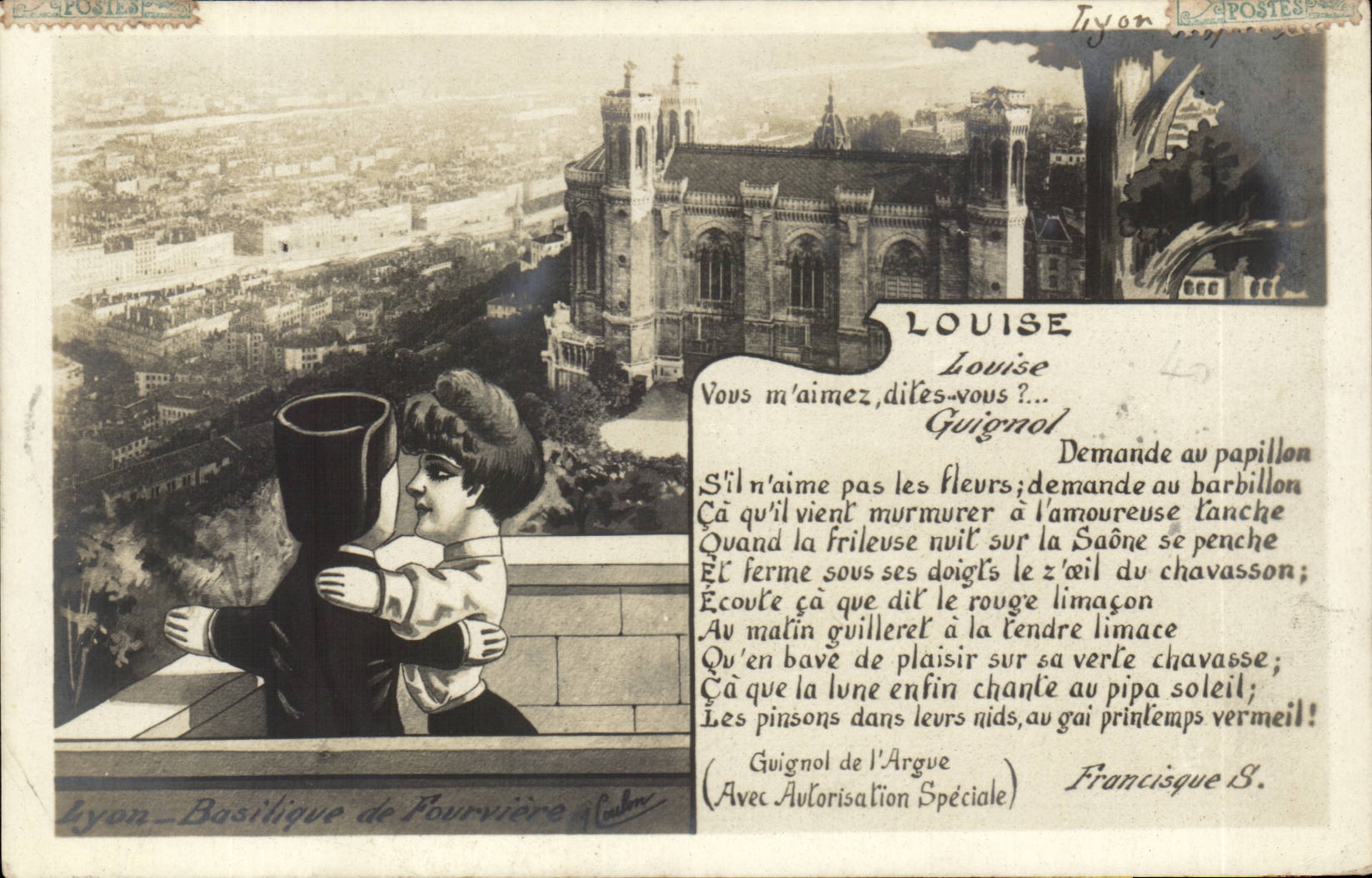 Lyon - Guignol marionnette Basilique de Fourviere - Louise - Vous m'aimez dites vous? CPA 