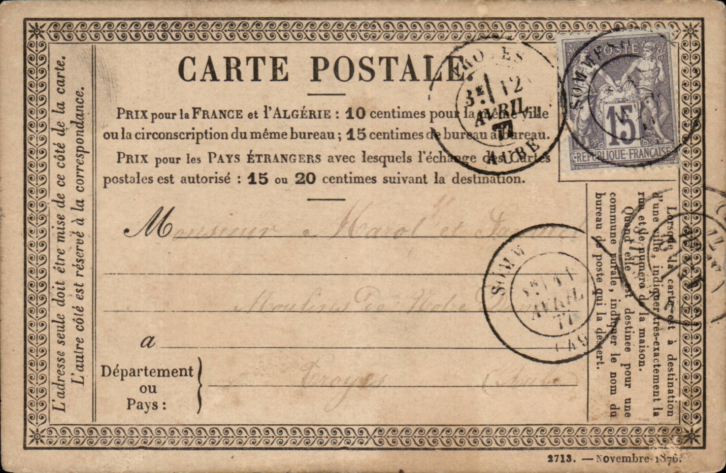 Carte Postale - Prix pour la France et Algerie 10 centimes - Troyes - CPA 