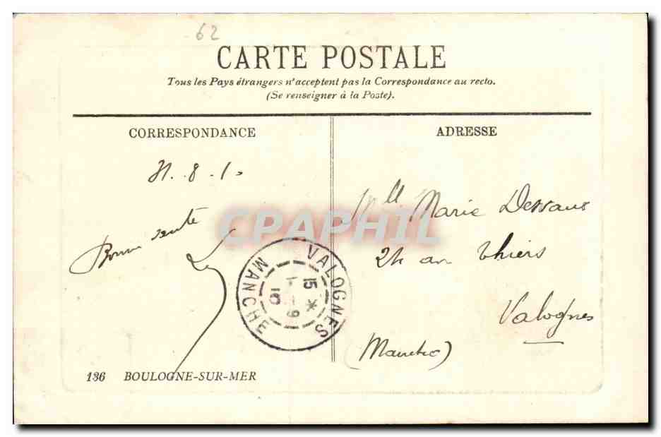 Boulogne-sur-Mer — Vue générale de la Plage — éditeur inconnu, n° de série non visible — Verso