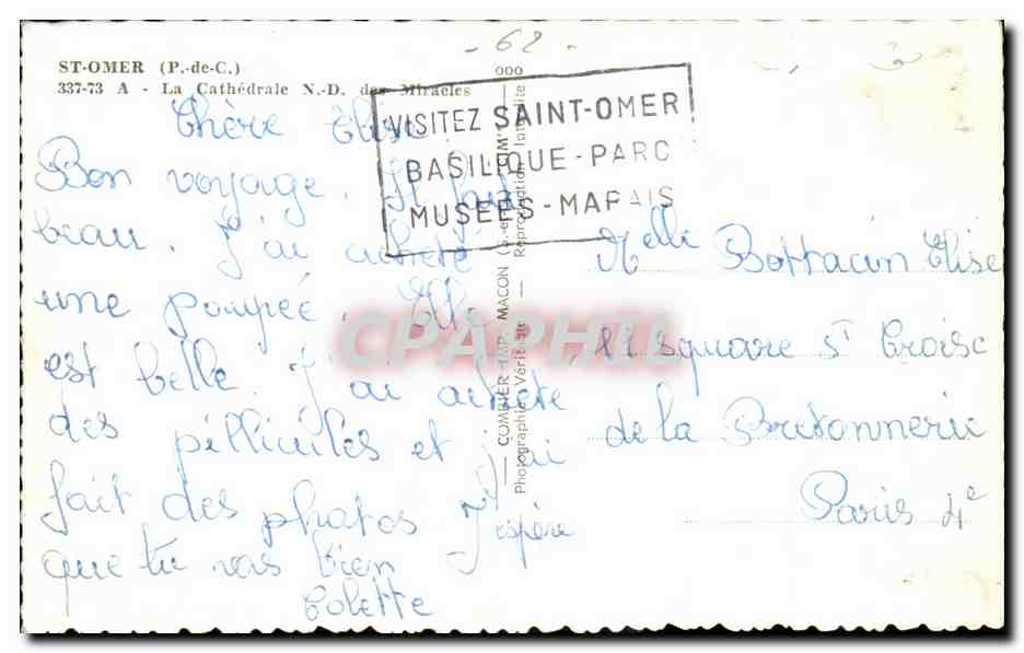 Saint Omer - La Cathedrale Notre Dame CPA  — Back