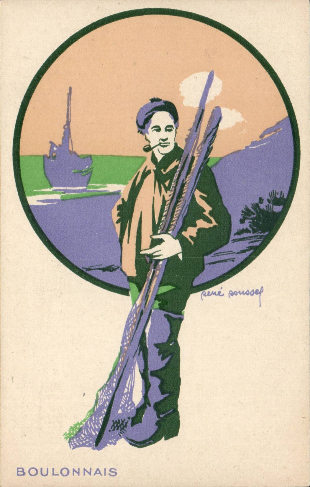 Boulonnais — homme de pêche avec filet — dessin de René Pousset