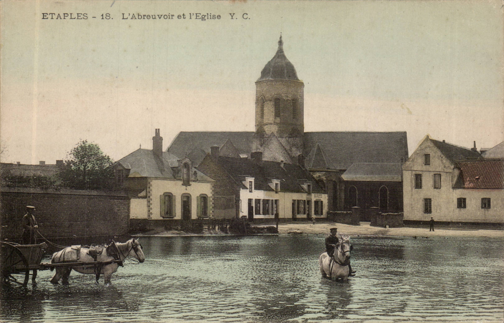 Etaples - L'Abreuvoir et L'Eglise - cheval - horse CPA 