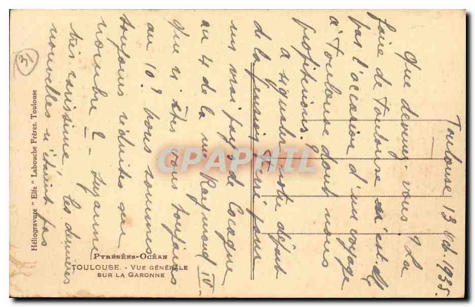 Toulouse — Vue générale sur la Garonne — Héliogravure 'Elite' par Labouche Frères — Verso