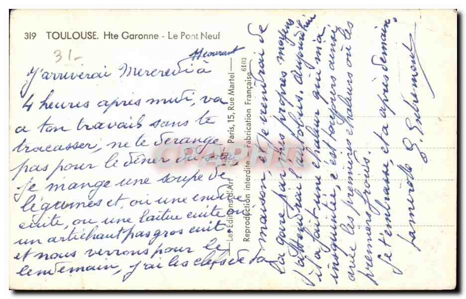 Toulouse - Le Pont Neuf CPA -  — Verso