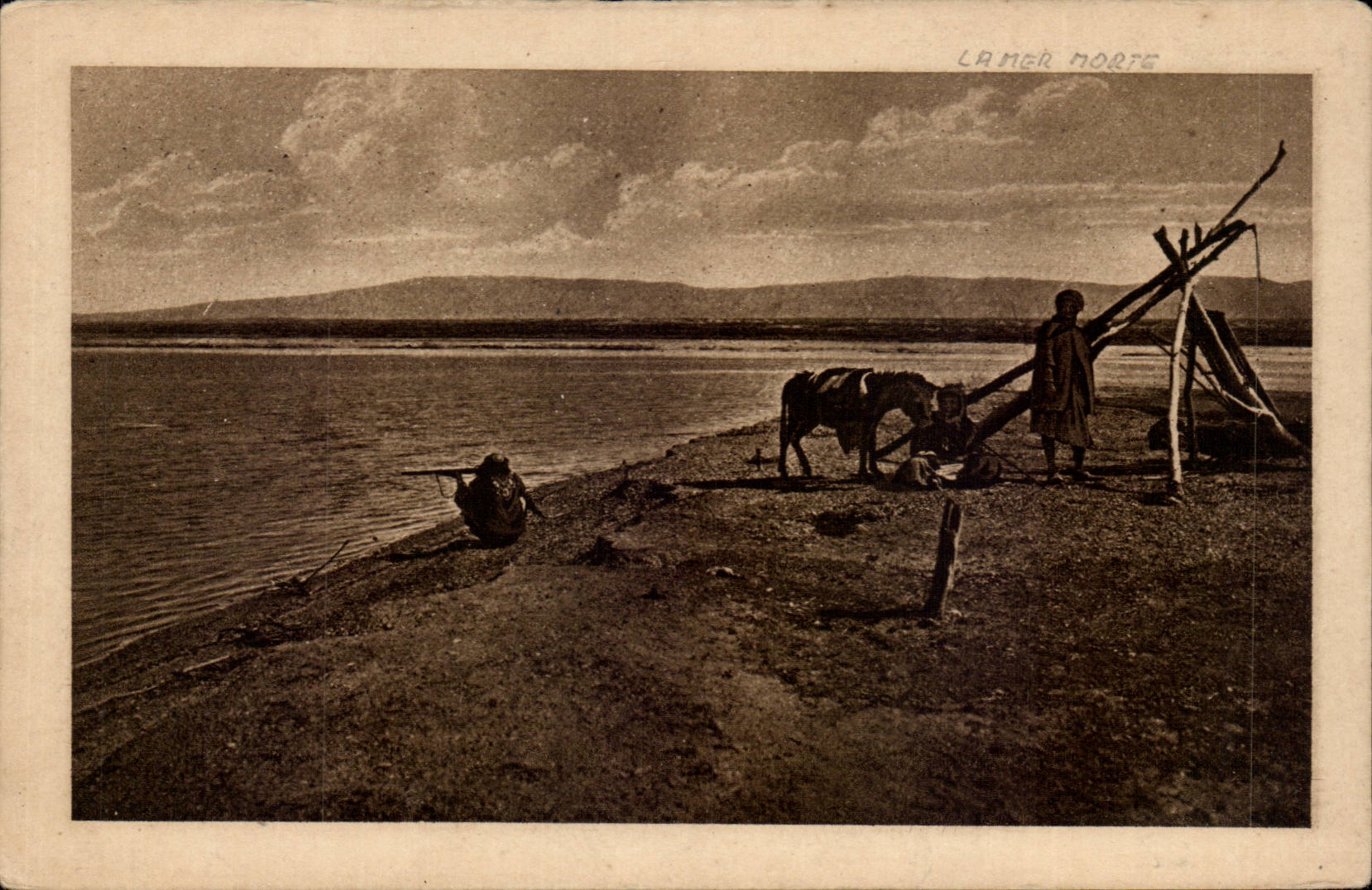 La Mer Morte — Vue de la rive avec un homme et un âne — Union Postale Universelle