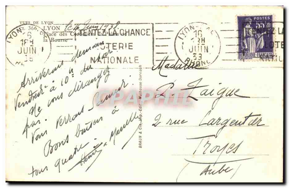 Lyon - Place des Cordeliers - Bourse - tamway - CPA  — Verso