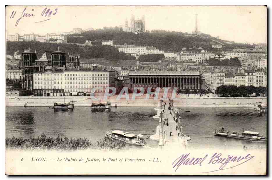 Lyon - Le Palais de Justice le Pont et Fourvieres - bateau - boat 1903 - CPA 
