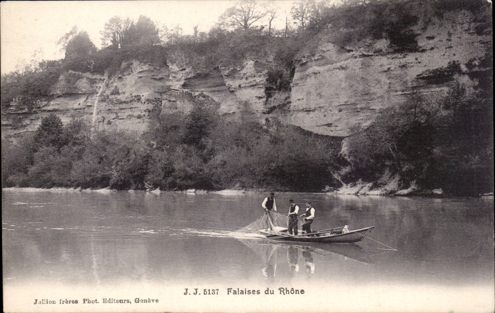 Falaises du Rhône — vue des falaises et pêcheurs en barque — Jallion frères, Genève, n° J.J. 5137