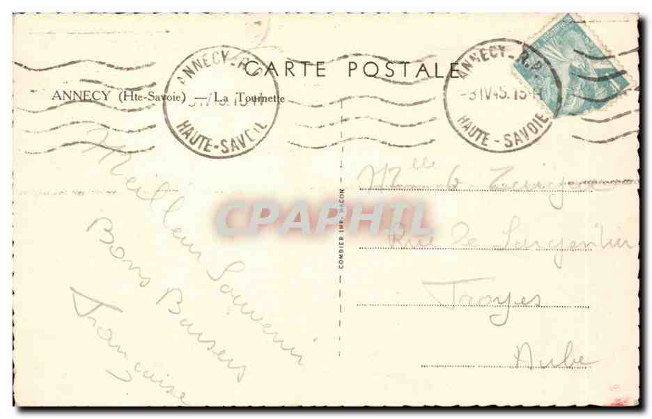 Annecy - La Tournette - boat - bateau - CPA  — Verso