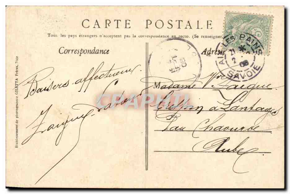 Lac du Bourget et les Alpes Dauphinoises — Aix-les-Bains — Édition Giletta, phot. Nice — Verso