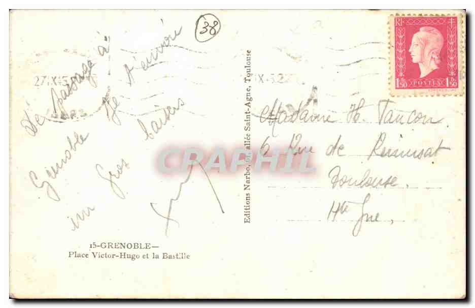 Grenoble - Place Victor Hugo et la Bastille CPA  — Verso