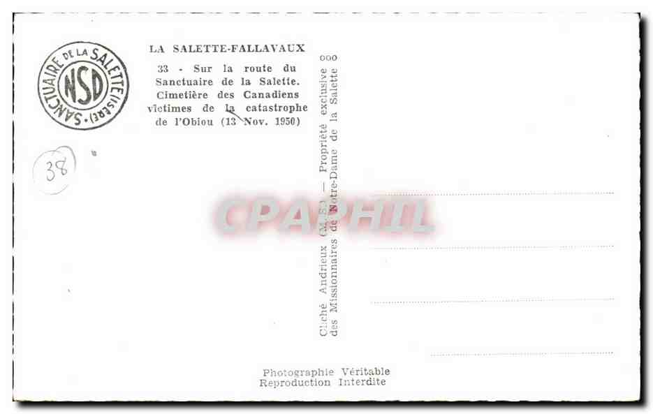 La Salette-Fallavaux — Cimetière des Missionnaires victimes de la catastrophe de l'Obiou (13 Nov. 1950) — Sanctuaire de la Salette — Reverso