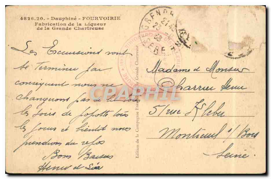 Dauphine - Fourvoirie - Fabrication de la Liqueur de la Grande Chartreuse - alcool - alcohol - CPA  — Verso