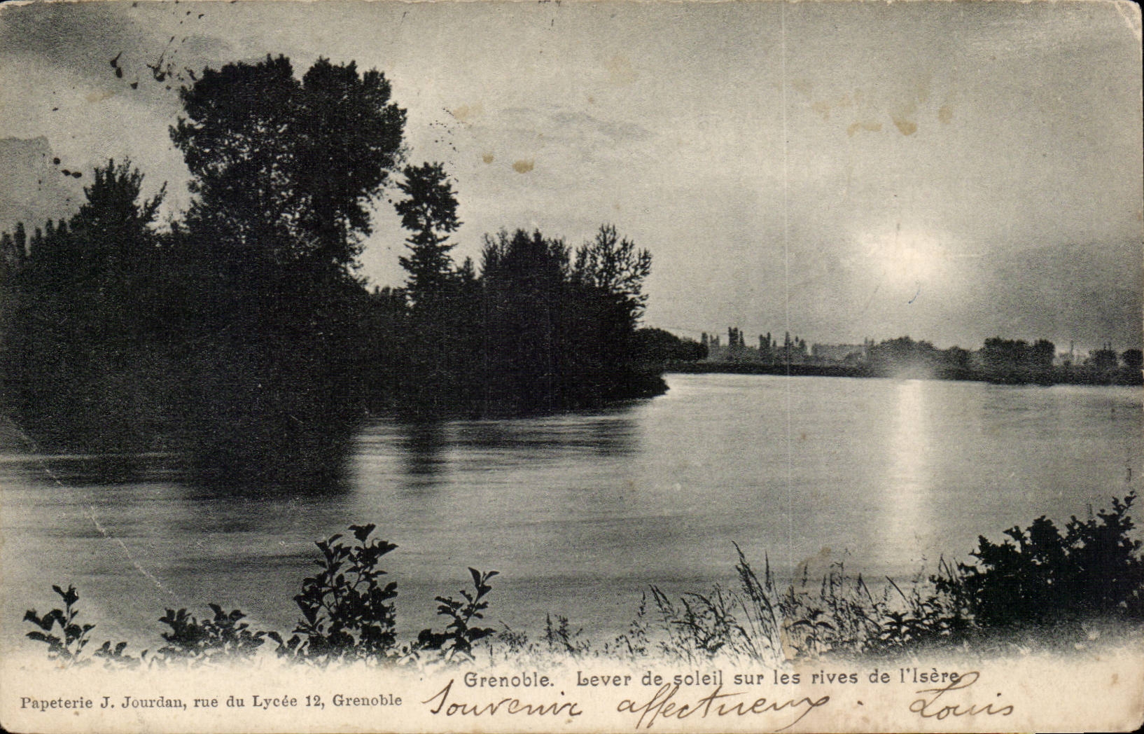 Grenoble — Lever de soleil sur les rives de l'Isère — Papeterie J. Jourdan, rue du Lycée 12, Grenoble